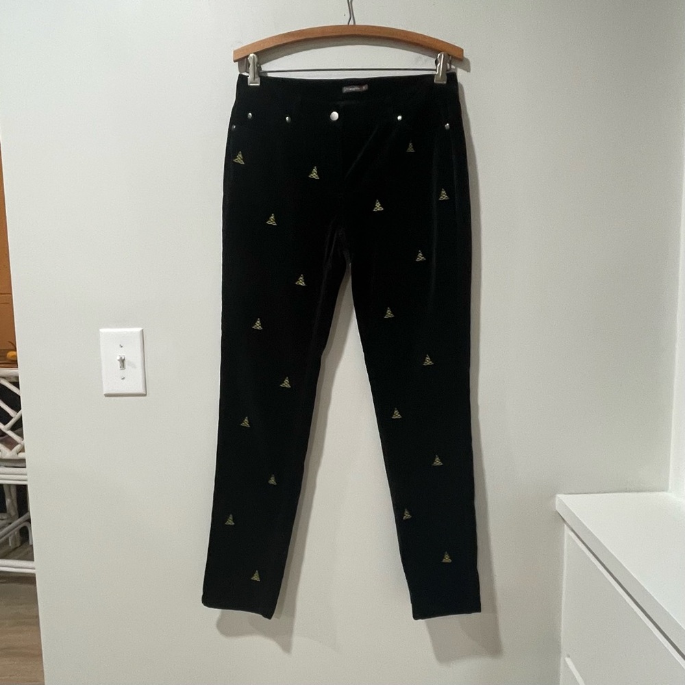 J McLaughlin Leighton Black Velvet Pants Gold Embroidered Christmas Trees